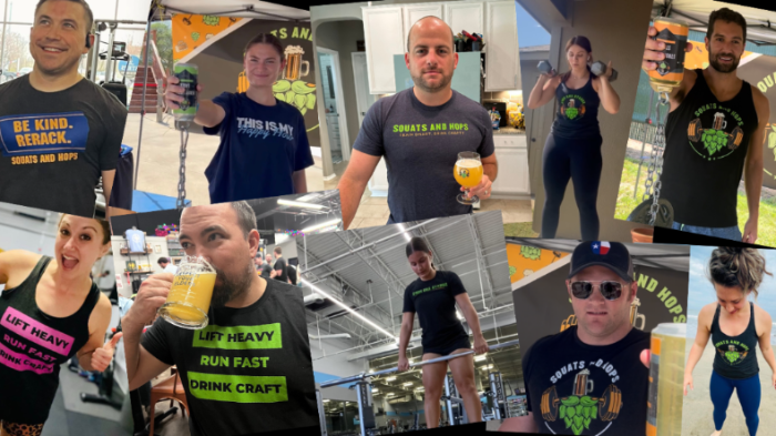 Squats and Hops merch worn by customers at events, home, and the gym